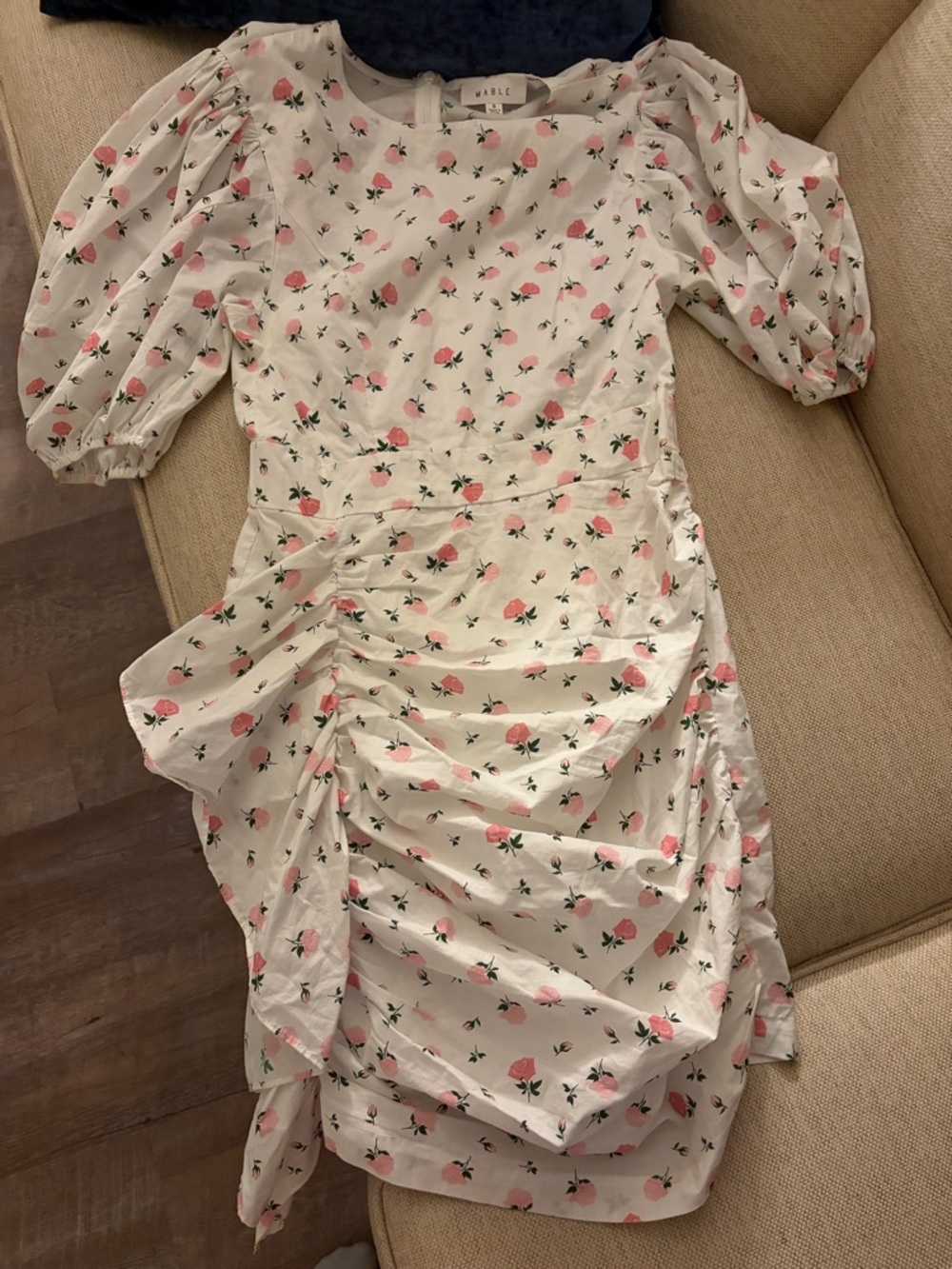White Floral Puff-Sleeve Midi Dress in Pink Rose Print